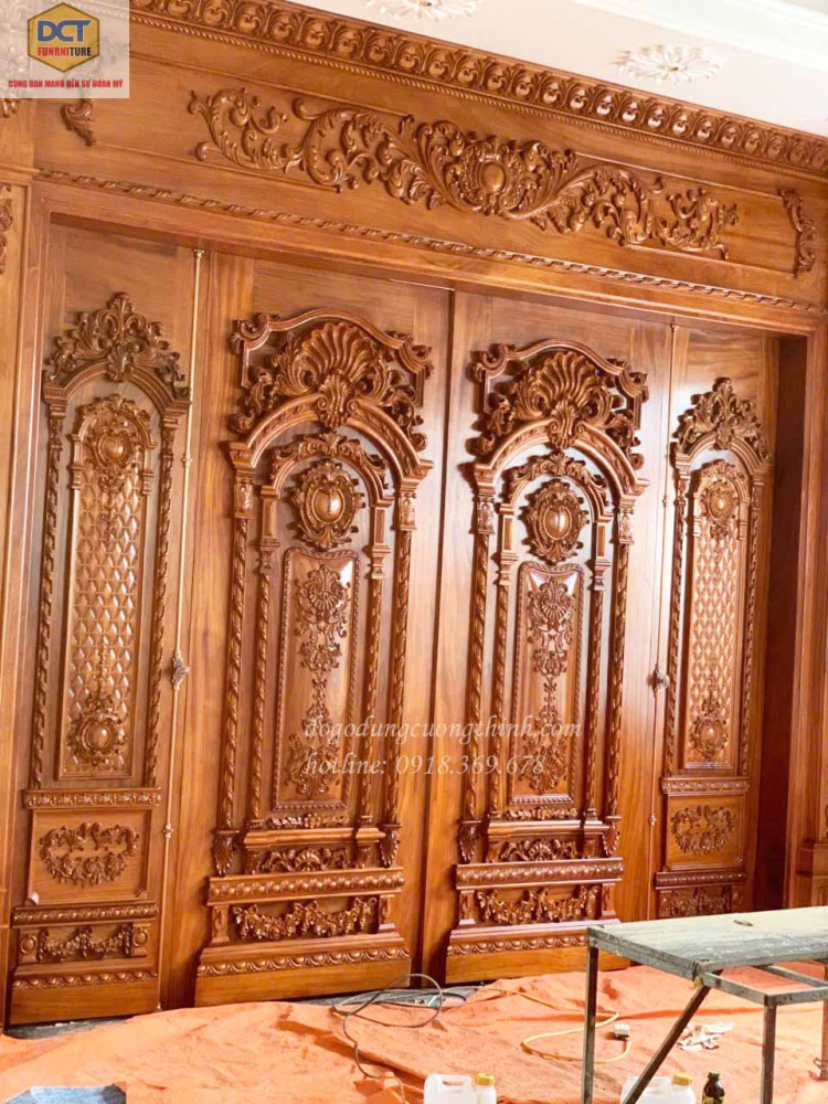 BỘ CỬA CỔ ĐIỂN 4 CÁNH CỔ ĐIỂN GỖ GÕ ĐỎ